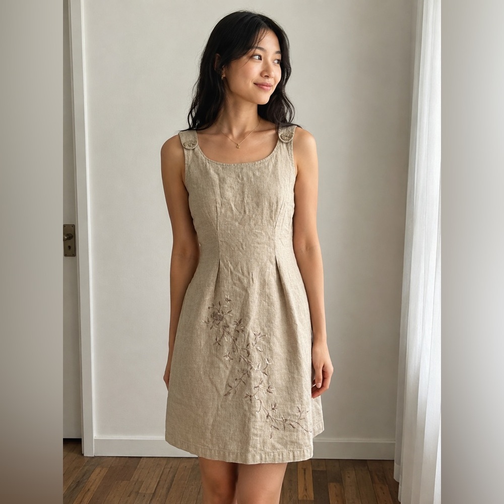 Sara Bond Vintage Beige 100% Linen Floral Embroidered Sleeveless Dress - M